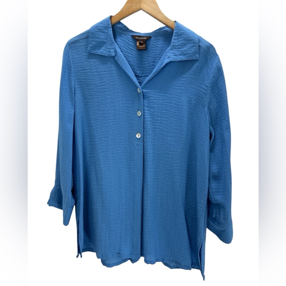 Multiples Blue Tunic Top‎ Coastal Travel Blouse Resort Cruise Layering Large